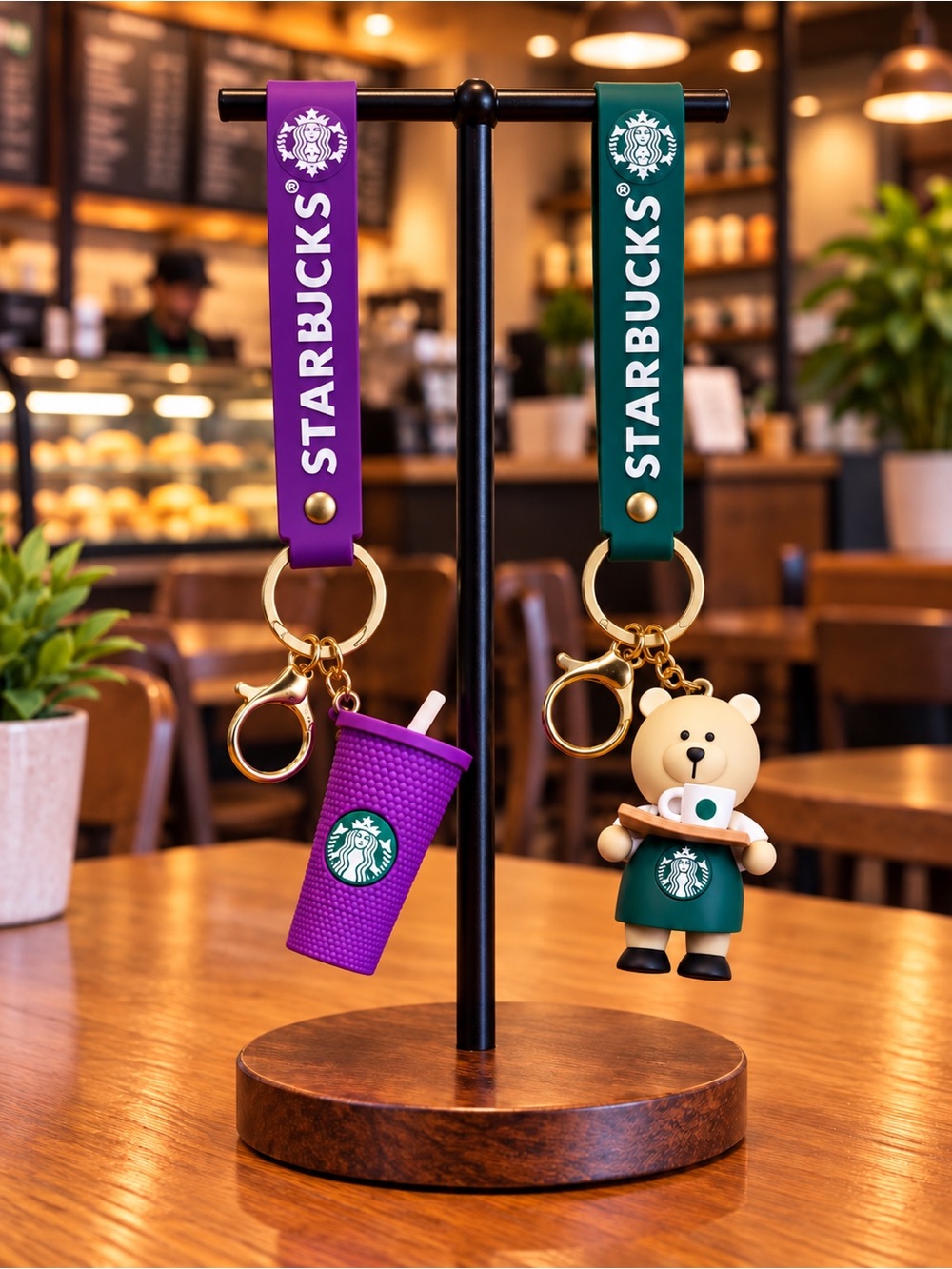 Purple Tumbler & Brown Bear Coffee Lover Keychain Charms Set (2pc)